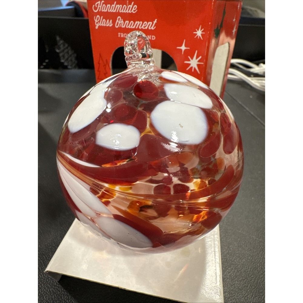 Zorza Hand Blown Glass Ornament Ball From Poland Maroon & White Colored